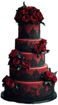 a red and black wedding cake with roses