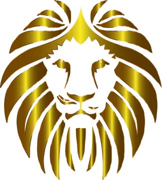 a gold lion head on a white background