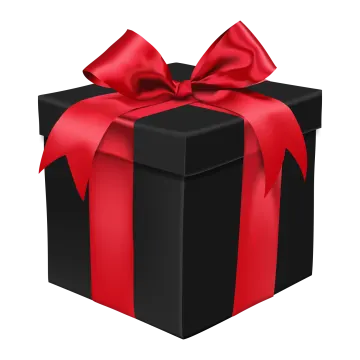 a black gift box with red ribbon and bow