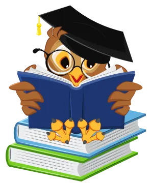 an owl wearing a graduation hat and reading a book