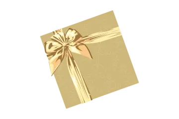 a brown gift box with a gold bow