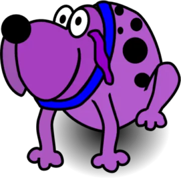 a purple dog with black spots and a blue collar