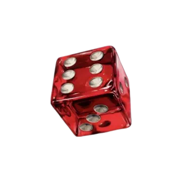 a red dice with silver coins on it