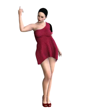 a woman in a red and white dress