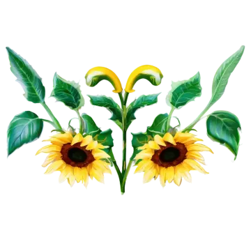 two sunflowers with green leaves on white background