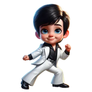 a cartoon character in a white suit and black shoes