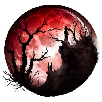 a red moon with some trees in front of it
