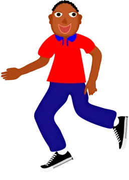 a black boy in a red shirt and blue pants