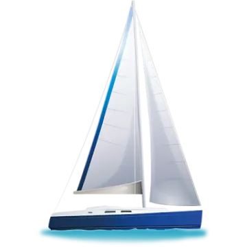 a sailboat with white sails and blue trim