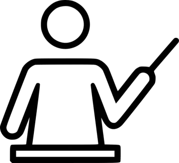a black and white icon of a man with a pointer