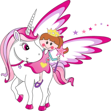 a little girl riding on a pink unicorn
