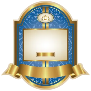 a blue and gold shield with a gold ribbon