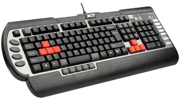 a computer keyboard with red and black keys