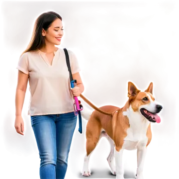 a woman walking a dog on a leash