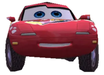 a red car with blue eyes and a white background