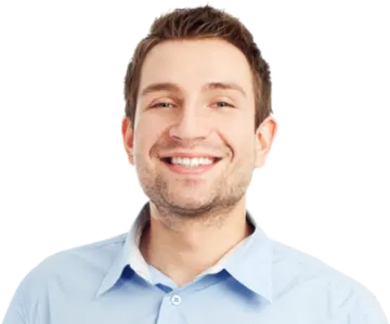 a smiling man in a blue shirt