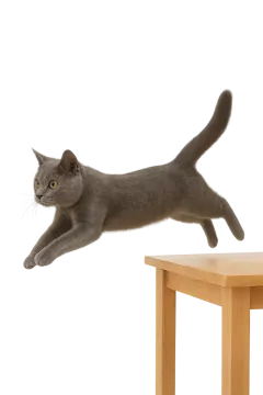 a gray cat jumping over a wooden table