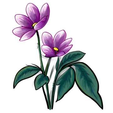 two purple flowers with green leaves