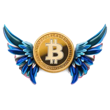 a bit coin with wings around it