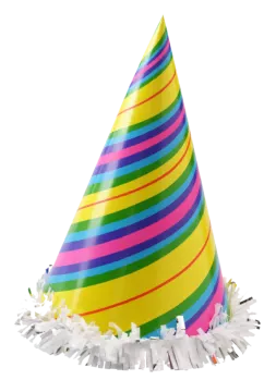 a party hat with colorful stripes and fringes