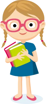 a girl with glasses holding a book