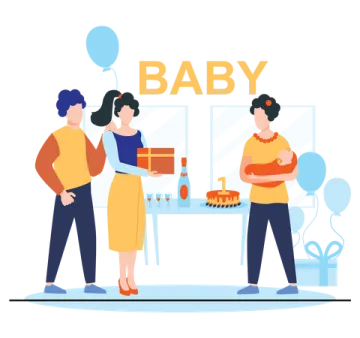 a man and woman standing in front of a baby box