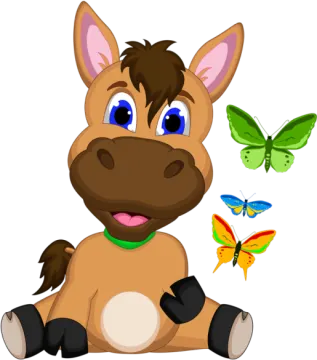 a cartoon horse with butterflies flying around
