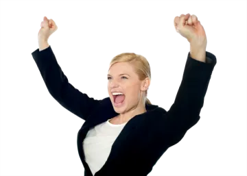 a woman with her hands up in the air