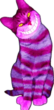 a purple cat with yellow eyes sitting down