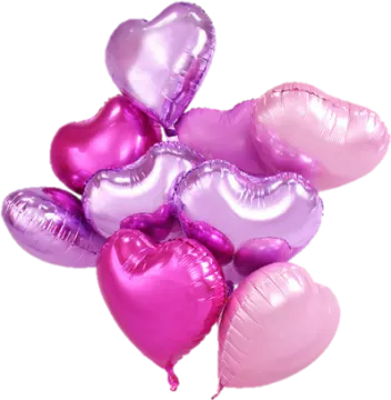 a bunch of pink and purple heart shaped balloons