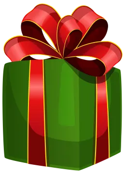 a green gift box with a red bow