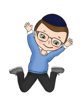 a boy in blue shirt and black pants jumping
