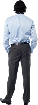 a man in a blue shirt and black pants