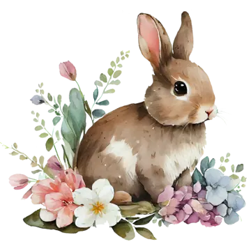 a watercolor painting of a rabbit surrounded by flowers