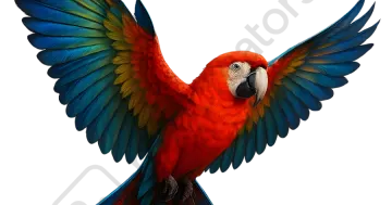 a red and blue parrot with its wings spread