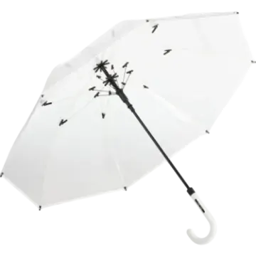 a white umbrella with black birds on it