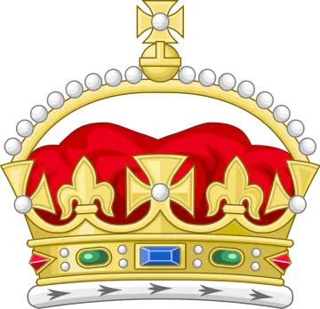 a gold crown with red and blue accents