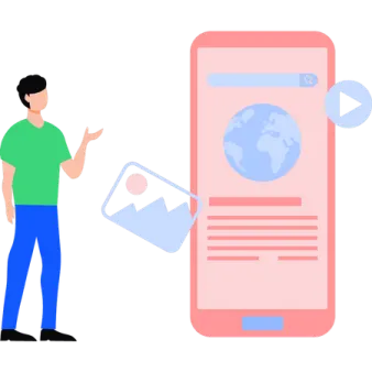 a man standing next to a phone with the earth on it