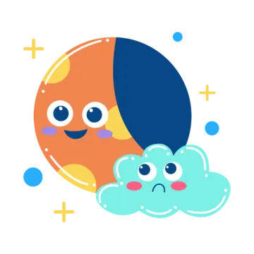 a cartoon moon and cloud with two eyes