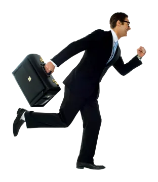 a man in a suit and tie running with a briefcase