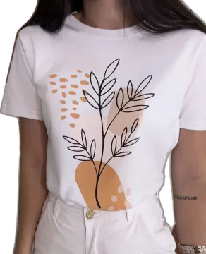 a woman wearing a white t - shirt with a plant on it
