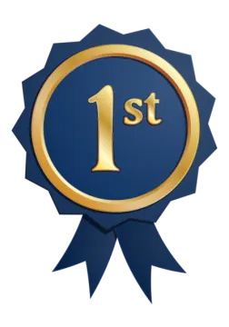 a blue and gold seal with the number 1 on it