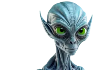 an alien head with green eyes