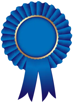 a blue rosette with a gold medal