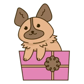 a cartoon dog sitting in a pink box