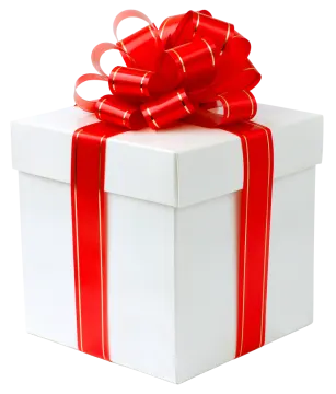 a white gift box with a red ribbon