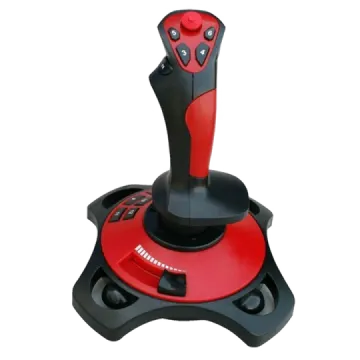a red and black game controller on a white background
