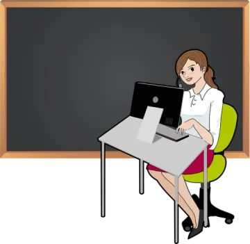 a woman sitting in front of a blackboard