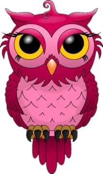 a pink owl with yellow eyes sitting on a branch