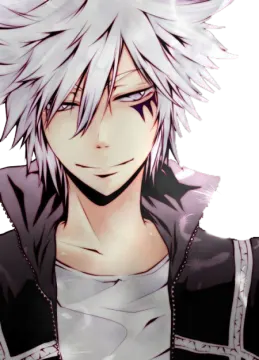 an anime character with white hair and black eyes
